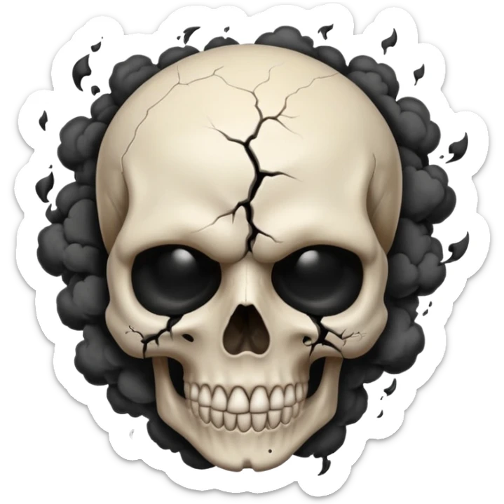 iOS style emoji, dark fantasy skull, cracks, black smoke from eyes, soft light, stylized sticker