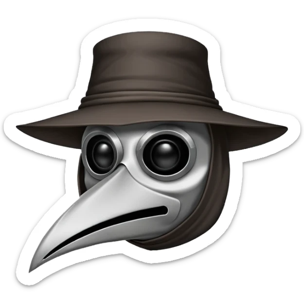 Morbid medieval plague doctor mask with a wide, sinister smile, visible in the empty eye sockets a tiny glow. Clean, stylized lines, flat vector illustration suitable for a small emote. Stylized as a medieval woodcut or metal engraving. Black and white with one accent color  sticker