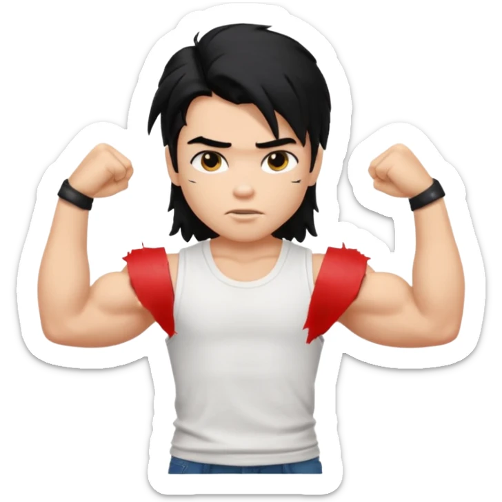 generate a pretty bratz boy with messy long mullet hair, sleeveless white tshirt, big biceps. Black hair sticker
