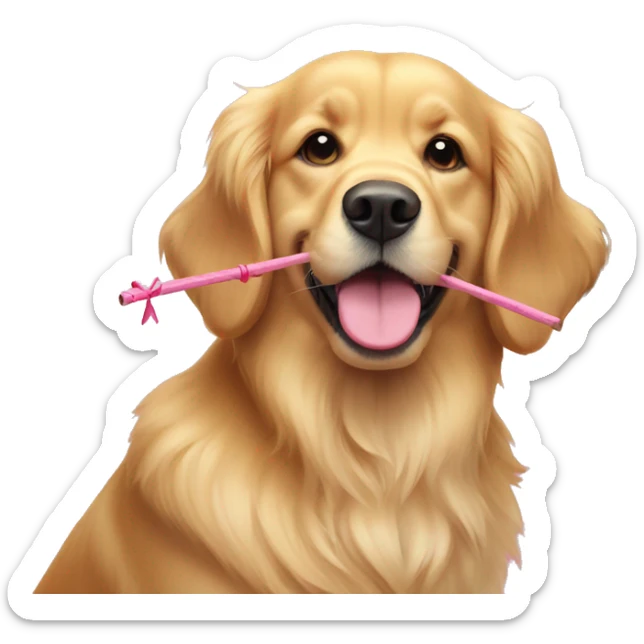 a golden retriever with a pink bow on the right and a stick in his teeth sticker