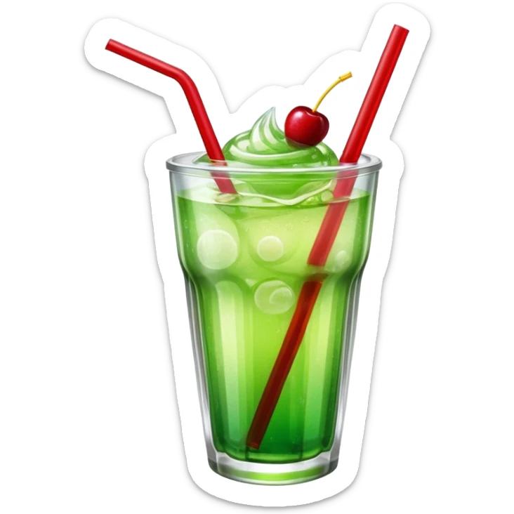Create an emoji with a clear rounded glass, bright transparent green soda with fine bubbles, a smooth vanilla scoop on top, a glossy red cherry, and a red straw, using vibrant colors, soft shading, and clear glass highlights.
 sticker