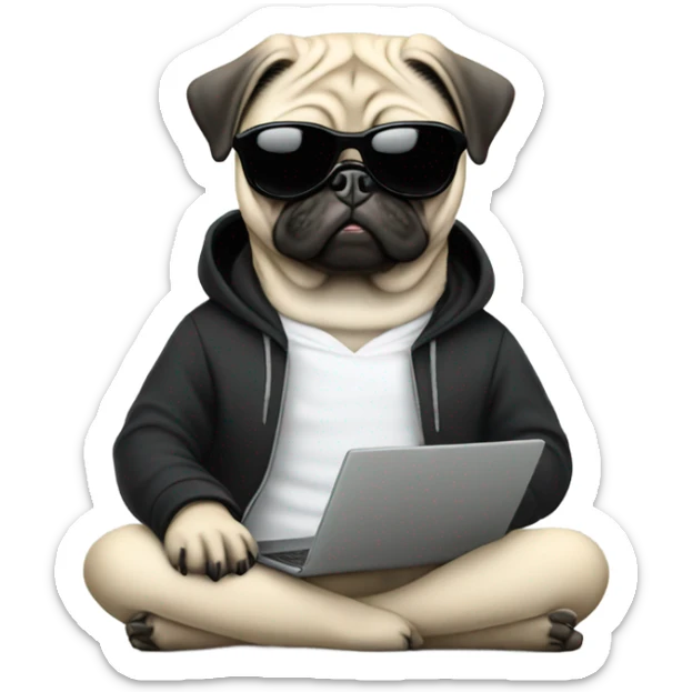 Pug wearing a black hoodie and using a laptop and wearing sunglasses sticker