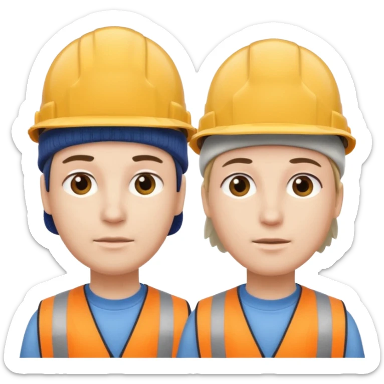 one person with two heads joined at the neck. One head wears a construction cap, the other a woolen beanie. sticker