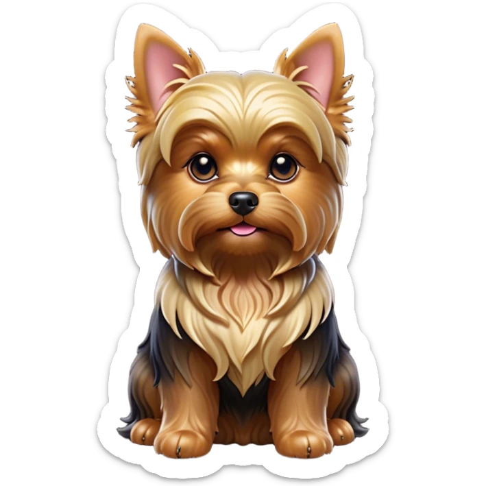 Cinematic Noble Yorkshire Terrier Portrait Emoji, Exuding refined charm and dignified poise, with a lustrous, silky fur in rich, deep hues, alert eyes and a confident expression, simplified yet exquisitely detailed, glowing with a soft, aristocratic radiance, high shine, embodying intelligent grace and classic elegance, soft glowing outline, capturing the essence of a regal Yorkshire Terrier ready to rule the screen with effortless sophistication! sticker