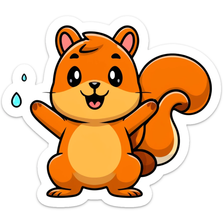 Cartoon squirrel with obvious big drool droplet hanging from mouth, extremely hungry, stomach growling sticker