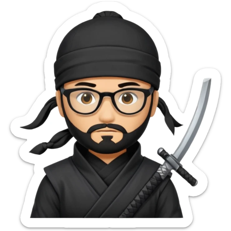 Man with black hair and beard wearing glasses in a ninja costume.  sticker
