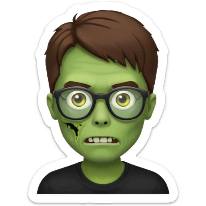 Green zombie, brown hair, black glasses, black shirt. iOS style. sticker