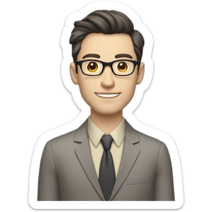 Full height Pale skinned Fit Man With dark brown hair in classic gray suit, beige office shirt, dark gray tie, and vintage glasses. His right hand is directed up sticker