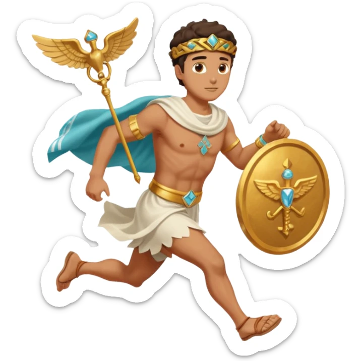 a guy (hermes) running with his caduceus and a petasos on his head in a greek tunic sticker