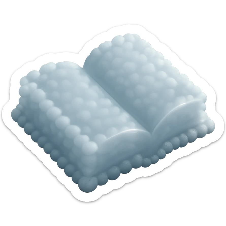 top view of a thick open book made entirely of small, very bright white fluffy convex clouds, matte glass style, no background sticker