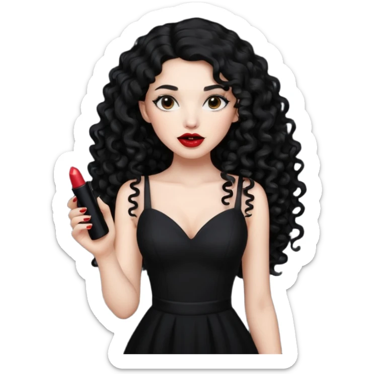 long black curly hair with white skin black dress and lipstick sticker