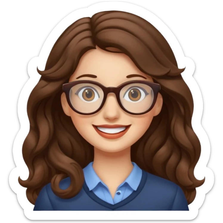 happy woman with long wavy brown hair and glasses sticker