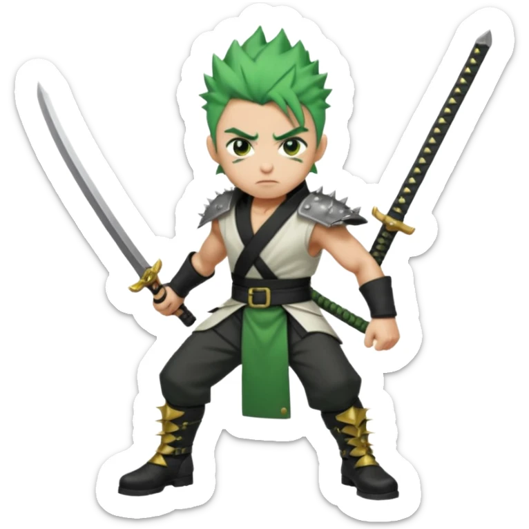 Muscular scarred warrior, short spiky moss-green hair, sharp steel-grey eyes, strong jaw, serious stare. Black trousers, boots, green sash with three katanas, open white coat, three gold earrings. Cinematic, ultra-realistic. sticker