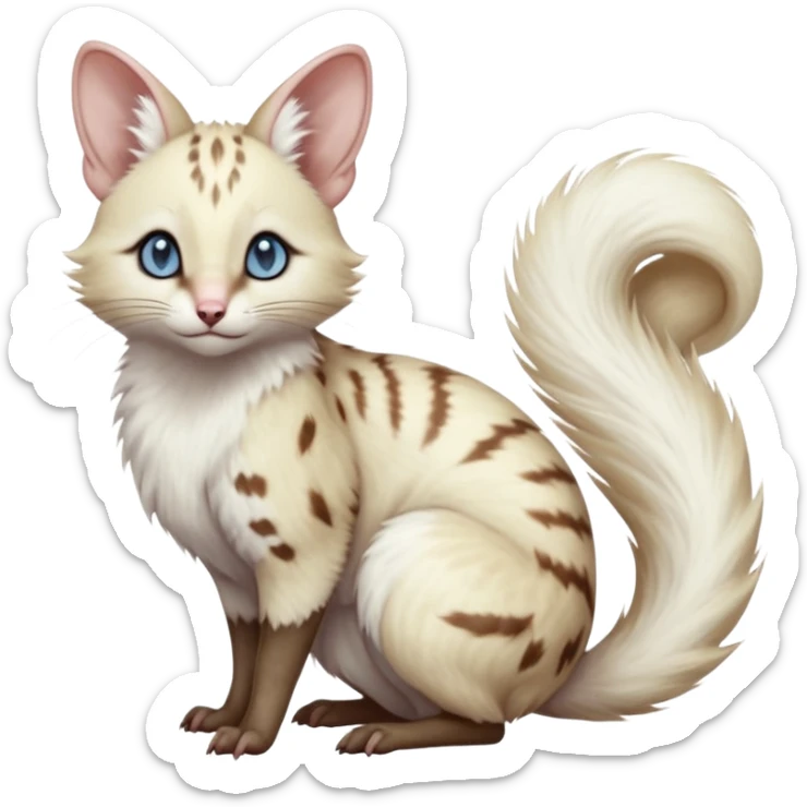 Albino-white, blue-eyed soft natural realistic romantic vintage antique divine beautiful elegant pretty precious cute young youthful  Fakémon-Pokémon-opossum-feline-mouse-serval-caracal-chinchilla-Minccino-Cinccino-Meowstic-rodent-hybrid-creature with a big fluffy bushy tail (full body) sticker