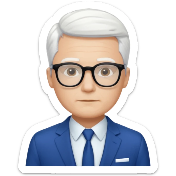 Man wearing black glasses, short white hair, blue suit, white shirt, no tie  sticker
