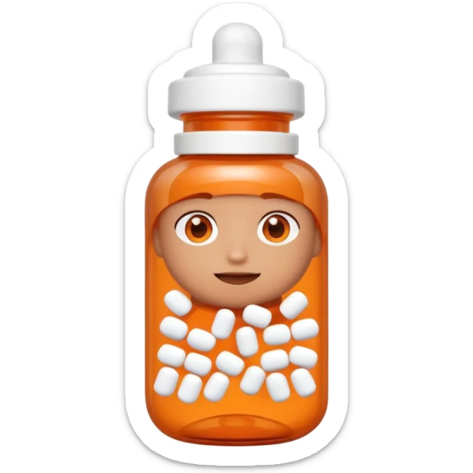 A 3D cartoon medicine bottle with orange transparent body and white cap, filled with pills, soft studio lighting, realistic Memoji-style. sticker