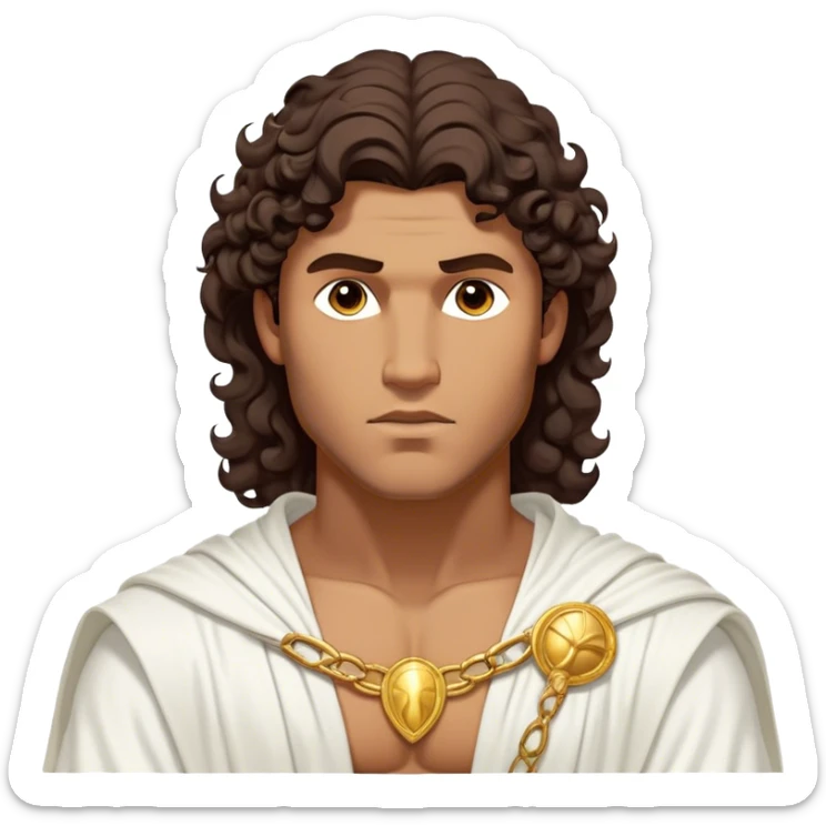 Cinematic Realistic Hercules Portrait, depicted as a classical Greek hero inspired by the Disney version yet echoing the refined proportions and serene dignity of Michelangelo's David. His idealized, sun-kissed tan skin glows with timeless strength, and his thick, curly wavy dark brownhair falls in natural, sculpted curls. Draped in a flowing white robe with delicate golden accents, his expressive eyes radiate determined nobility, all rendered under dynamic natural lighting with a mythic, radiant glow. sticker