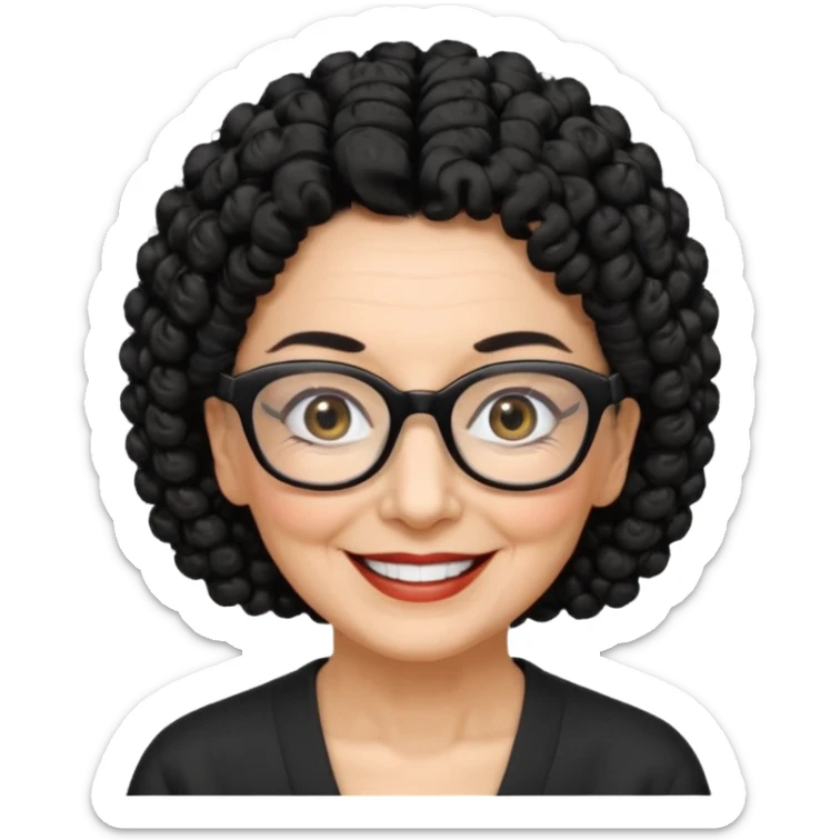 femme 70 ans cheveus noir bouclé attachés, lunettes rectangles noir yeux noir et sourrir sticker