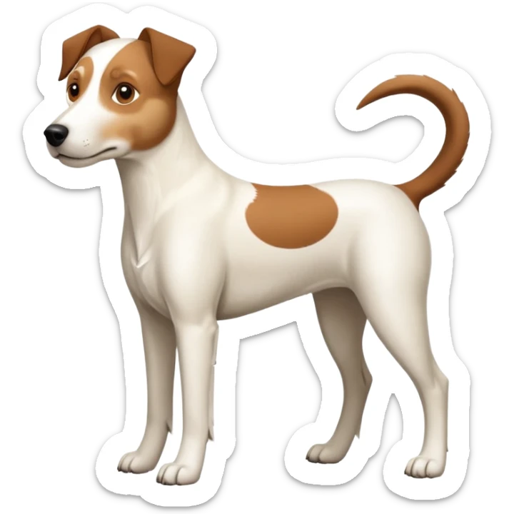 a full body large white parson russell looking dog the size of a kelpie with light brown ears and a light brown patch on one eye and a large snout sticker
