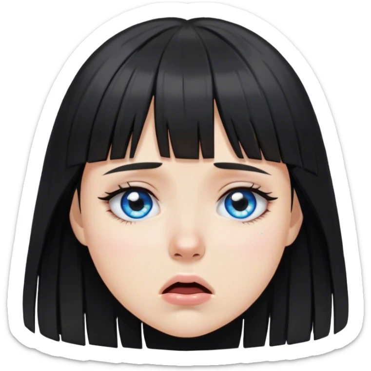 Girl crying wearing black with black medium length hair with bangs and blue eyes sticker