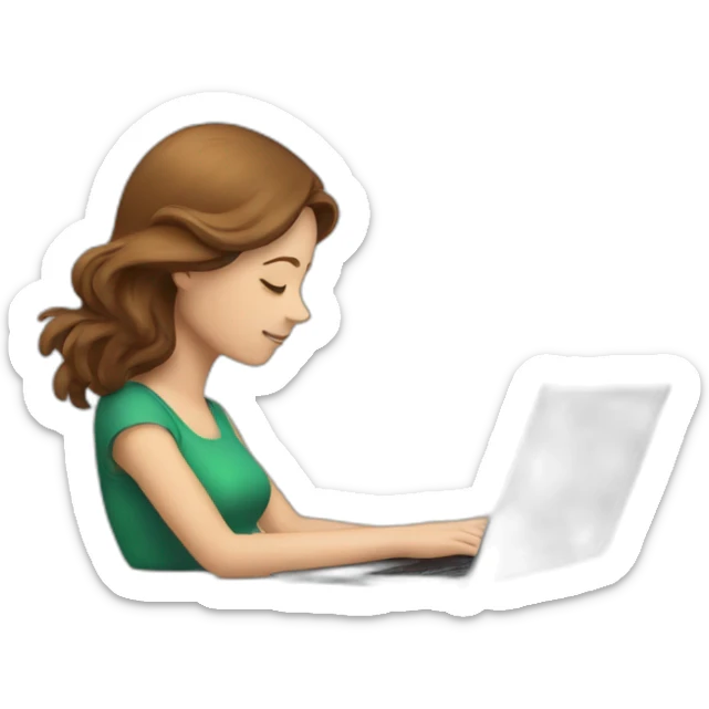 White woman with brown hair resting head on arms looking at a laptop sticker