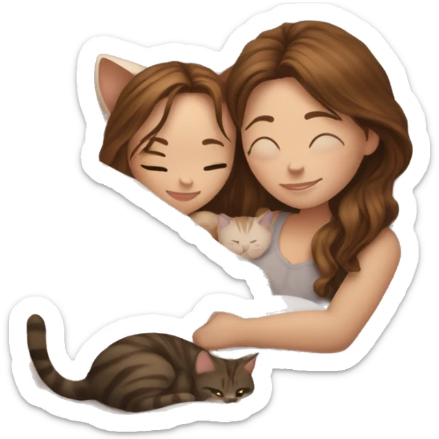Pale girl with long brown hair cuddle with tabby cat in bed sticker