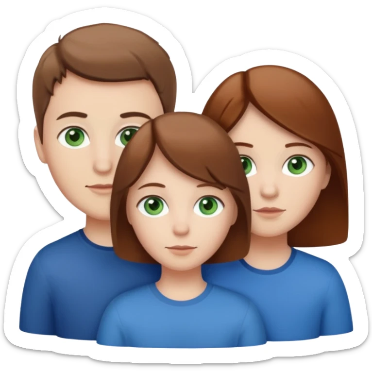 3 white siblings. Sibling 1 - Oldest sibling, white female, with brown hair and green eyes. Sibling 2 - Middle sibling, white male, with brown hair and brown eyes. Sibling 3 - Youngest sibling, white female, with brown hair and Blue eyes. sticker