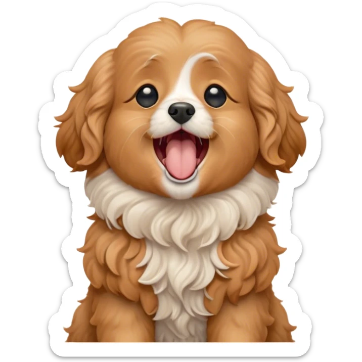 Cinematic Cute Yawning Apricot Cavoodle Portrait Emoji, Head tilted slightly with a dramatic, wide-open yawn, showcasing a soft, curly apricot coat with delicate white accents, floppy ears slightly drooping, round brown eyes barely open in drowsy contentment, Simplified yet irresistibly adorable features, highly detailed, glowing with a soft, cozy glow, high shine, relaxed yet expressive, stylized with a touch of whimsy, bright and endearing, soft glowing outline, capturing the essence of a sleepy yet affectionate companion, so drowsy it feels like it could stretch right out of the screen and curl up for a nap! sticker
