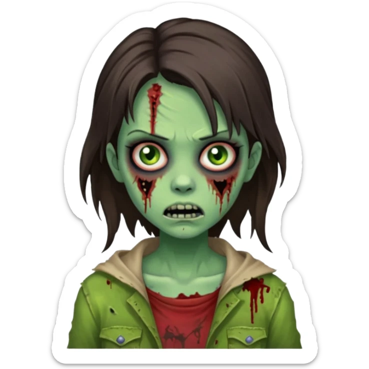 brunette zombie girl, tattered clothes, horror zombie green sticker