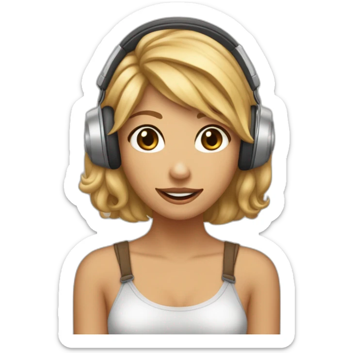 haz una chica de pelo castaño claro y lacio, que tenga unos auriculares y sostenga un animal en la mano sticker