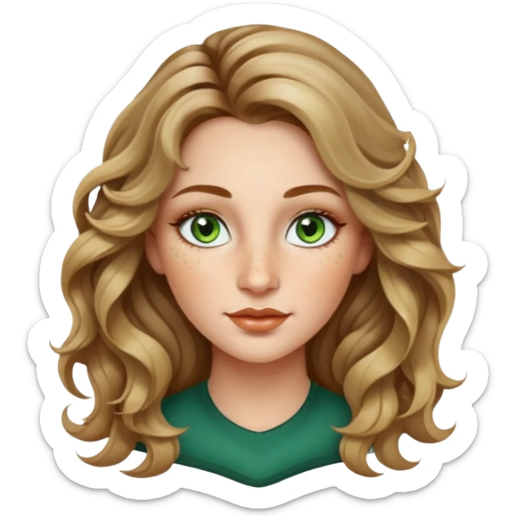 creative women with long dark Blond with highlights wavy hair white women, oval shape face green hazel eyes long lashes freckles on the nose high cheek bones sticker