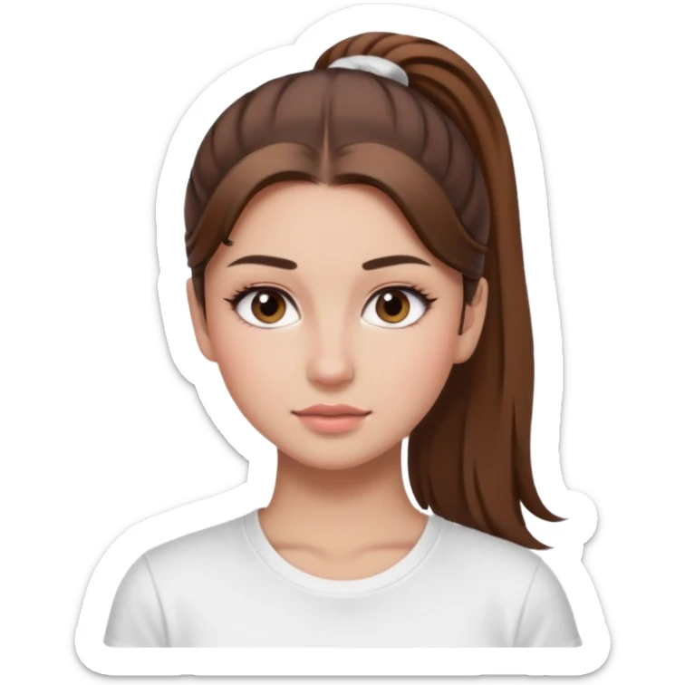 Chica de pelo con una cola de clean look  y marrón con ojos color marrón  y una camiseta blanca y la piel blanca con pestañas y maquillada clean look  sticker