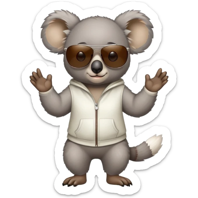 anthropomorphised koala in casual clothing, wearing dark sunglasses, fierce pose different stance sticker