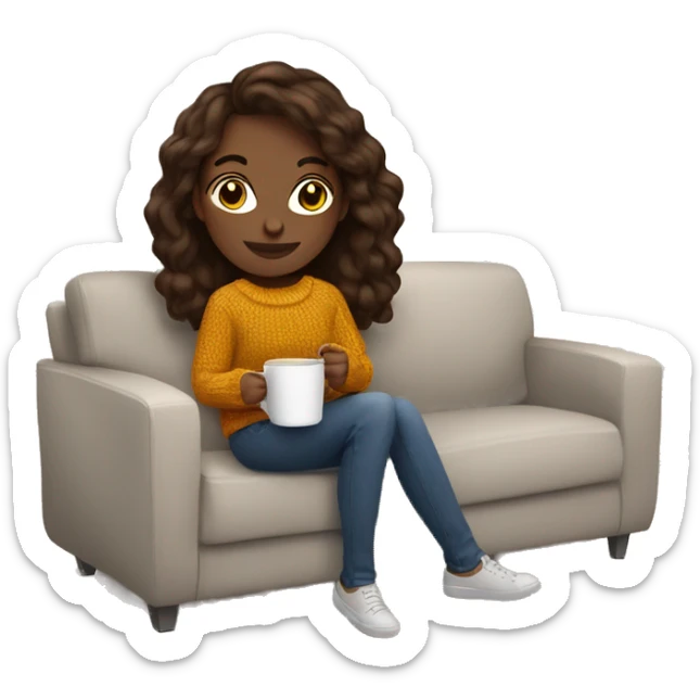 Brunette white girl autumn vibe wearing sweater sitting on a couch holding coffee sticker
