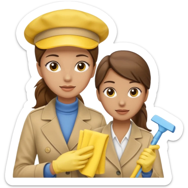 A cleaning Lady with Brown hair, high ponytail and yellow cleaning gloths is Talking to a Detektive with beige had, a beige coap and he is interviewing the cleaning Lady sticker