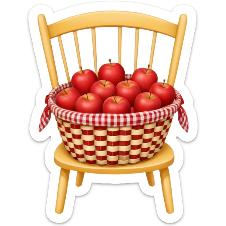woven basket with apples and white checkered cloth on a white wooden chair, yellow sticker