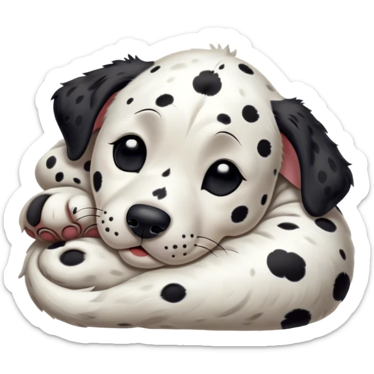 Meme-Worthy Cute Sleeping Spotted Dalmatian Portrait Emoji, Head resting peacefully with a contented smile, showcasing a delightfully majestic build and a luxuriously soft Fur of predominantly white with bold black patches, eyes shut in a serene nap, Simplified yet hilariously adorable features, highly detailed, glowing with a soft, drowsy light, high shine, relaxed and utterly lovable, stylized with an air of playful laziness, bright and heartwarming, soft glowing outline, capturing the essence of a comically sleepy guardian, so meme-worthy it feels like it could instantly become the next viral sensation of adorable slumber! sticker