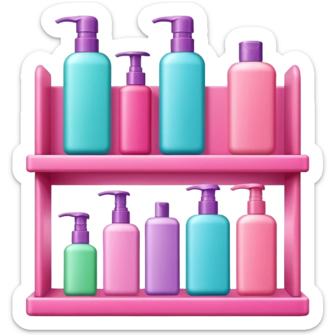 Shampoo bottle, color tube, and conditioner on a pink shelf sticker