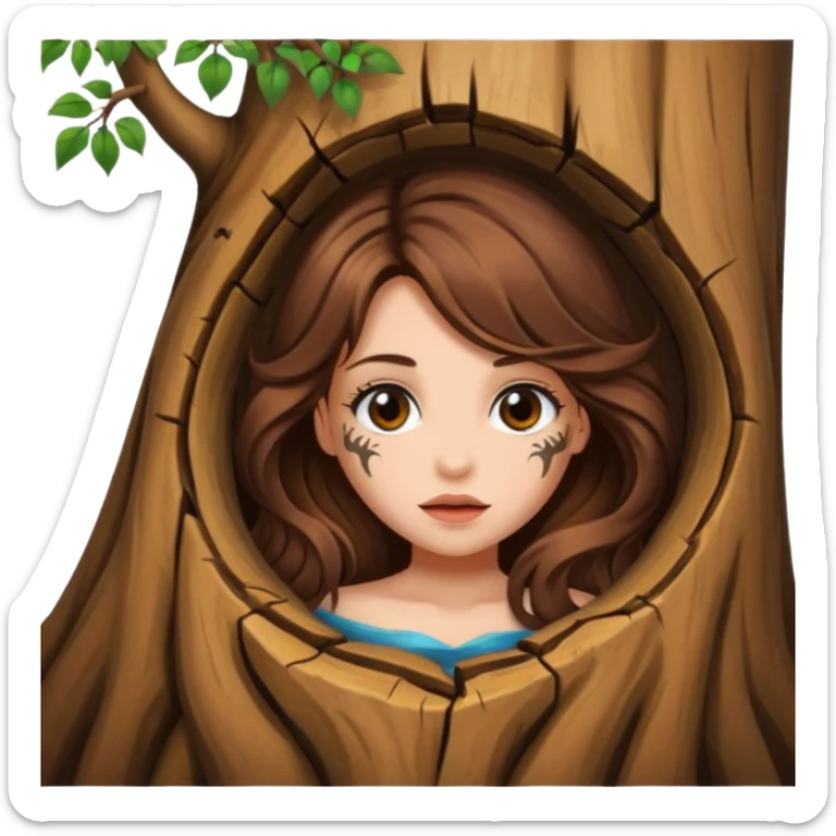 cute woman long wavy brown hair tattoos peeking from tree hole sticker