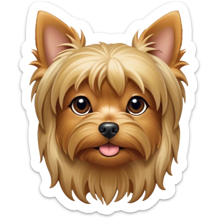 Cinematic Cute Yawning Yorkshire Terrier Portrait Emoji, Head tilted with a playful, drowsy expression and droopy, adorable eyes, featuring a soft, well-groomed fur in rich hues, simplified yet irresistibly endearing, highly detailed, glowing with a warm, cozy radiance, high shine, exuding a relaxed yet spunky charm, styled with a gentle, soft glowing outline, capturing the essence of a Yorkshire Terrier mid-yawn that seems as if it could cuddle right off the screen! sticker