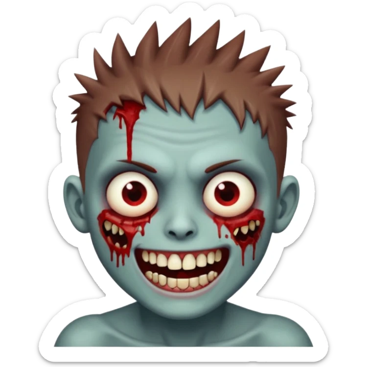 zombie boy with brown short spiky hair, white skin, and white eyes; an open smile, and bloodied teeth; sticker