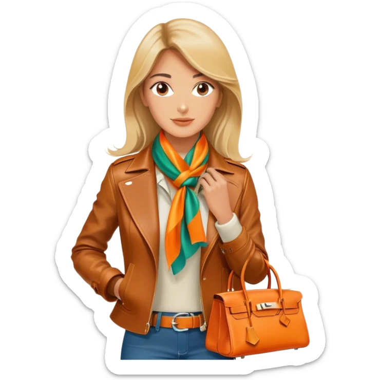 Elegant and tan equestrian woman wearing a leather Hermes jacket and a multicolored silk scarf around her neck. She has an orange Hermes Birkin Bag. I want the image to be close up, starting from the waist up.  sticker