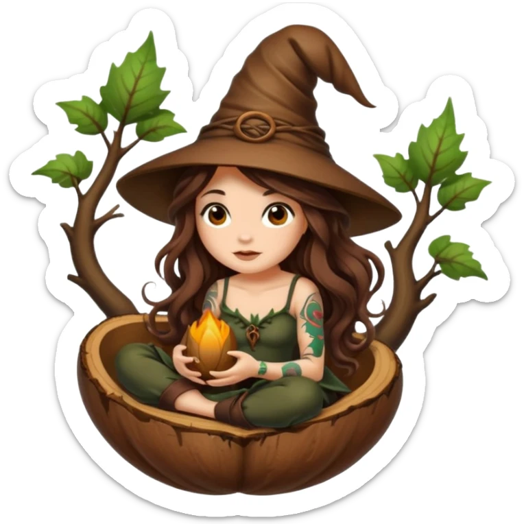 cute forest witch woman long wavy brown hair tattoos sitting inside acorn sticker