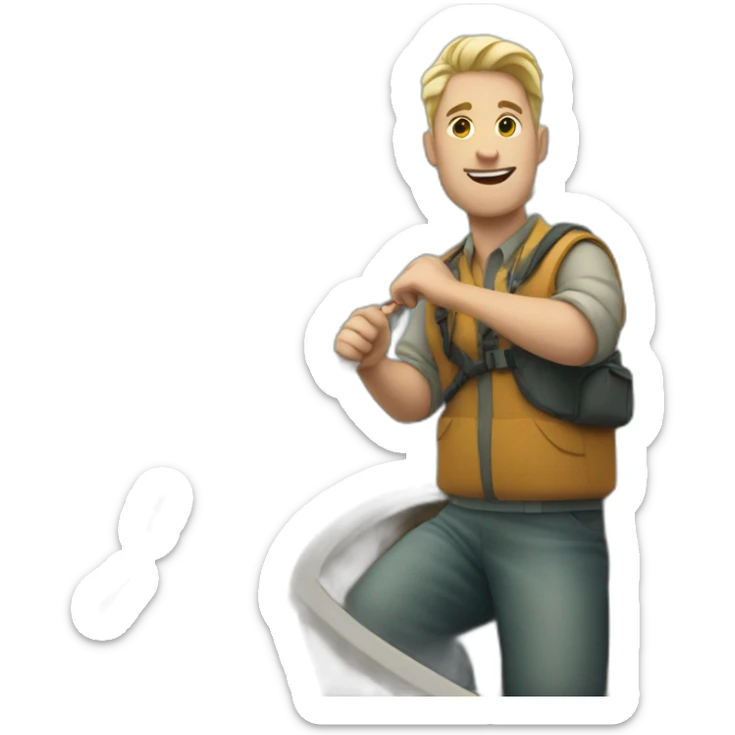 White man on a boat heading right with a fishing rod with a huge hook sticker