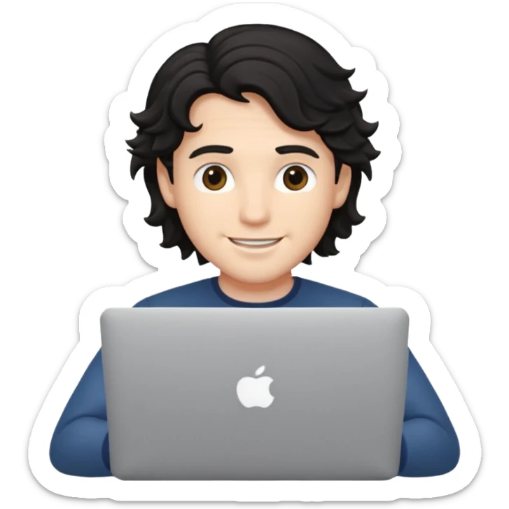 guy with wavy black hair and skin tone a little bit white, with a macbook sticker