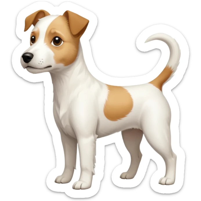 a full body buff white parson russell terrier looking dog the size of a kelpie with light brown long ears and a light brown patch on one eye and a large snout. the rest of the dog is completely white. forward facing sticker