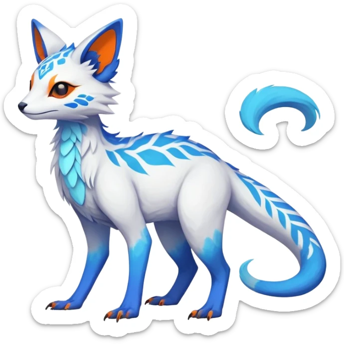 Rare realistic exotic white and neon-blue and neon-orange epic pretty beautiful handsome gorgeous aesthetic colorful vibrant Vernid-Trico-species-Fakemon-creature by LiLaiRa, 4 legs, 1 tail, random markings, (full body) sticker