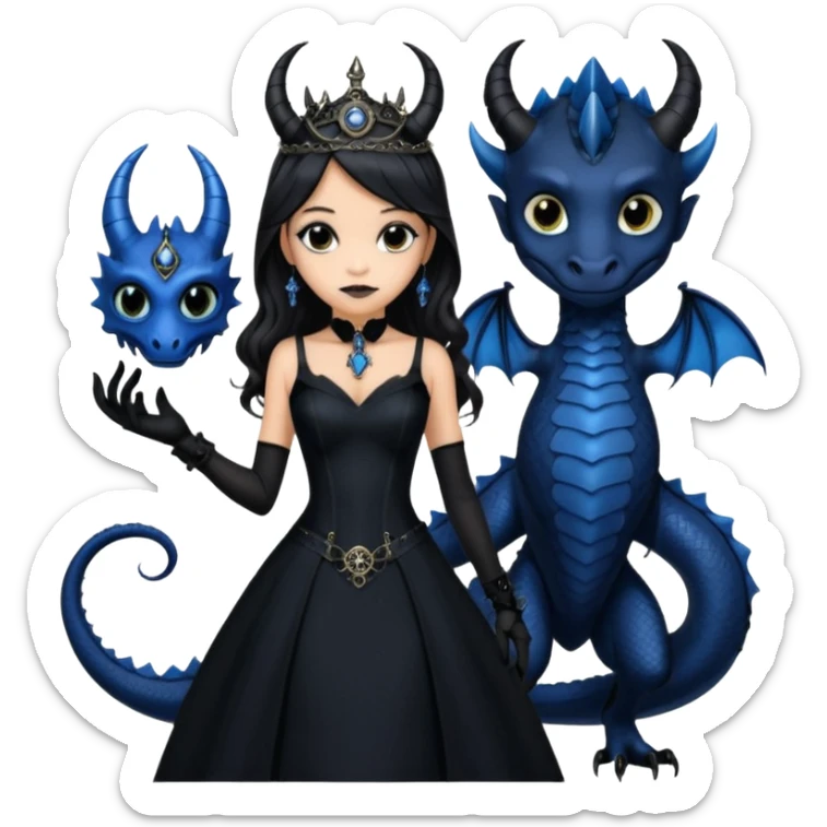 Slim fitting seductive dress Holed and worn Lavish black evening gown with see-through wispy black gloves , Jenna Ortega as Addams woman wearing a steampunk style mini tiara, very large blue evil-looking horned old dragon companion with evil eyes  sticker