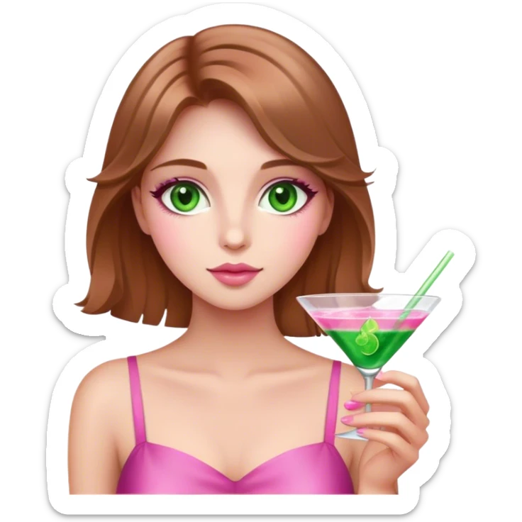 green eyes light brown hair white girl holding a pink cosmo sticker