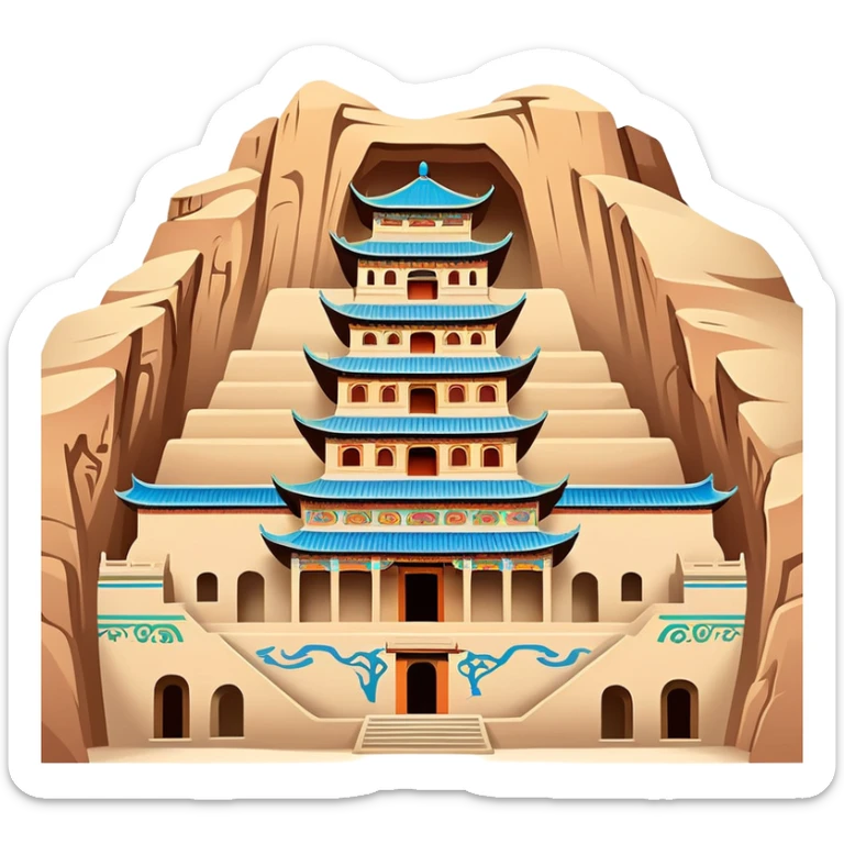 Mogao Caves Dunhuang with colorful Buddhist murals, simplified emoji style with bold outlines and bright colors, cartoon style cave entrance with paintings sticker